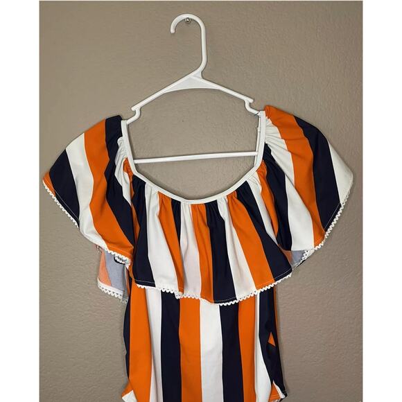 Boohoo Maternity Off The Shoulder Ruffle Stripe White Swimsuit Size 4 - NWT - Picture 4 of 8